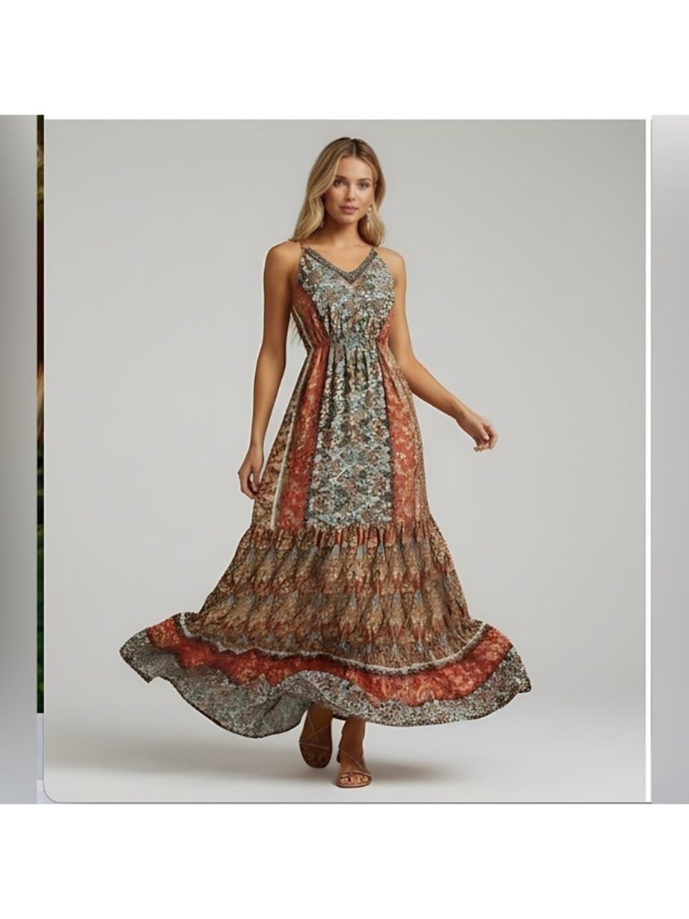 Boho Floral Print Backless Tie Shoulder Ruffle Hem Cami Dress - Picture 6 of 11